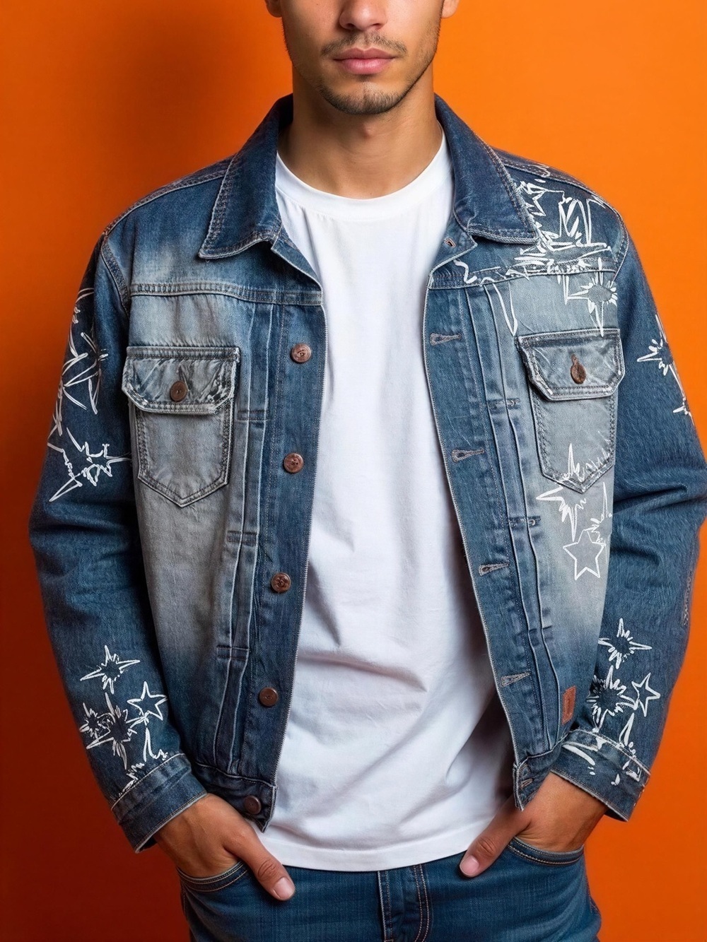 Billionaire Boys Club Button Up Denim Jacket Stars Faded Wash Distressed Collar